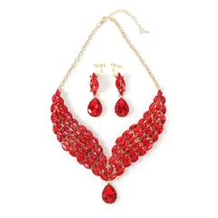 [ＫＫ　Ｓｏｌｉｓ] ネックレス イヤリングセット ピアス ブリーズクリスタル ドロップ型 モチーフ 大ぶり 演奏会 発表会 ベリーダンス 社交ダンス 首飾り ビジュ 高見え ショーアクセサリー (レッド・ネックレス・ [イヤリングセット・ネックレス/レッド]