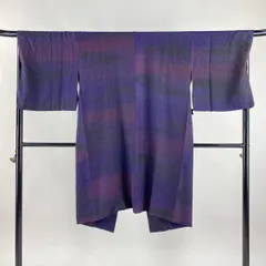 道中着 身丈108cm 裄丈69cm L 和装コート 横縞 ぼかし ラメ糸 濃紫 正絹 名品 【中古】