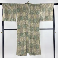 道中着 身丈129cm 裄丈67cm M 和装コート 秋草 灰緑 正絹 名品 【中古】