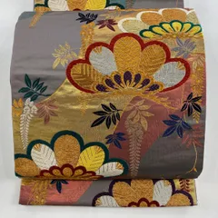 【美品】 袋帯 秀品 振袖向き 笠松 藤 箔 金銀糸 茶紫 全通 正絹 【中古】