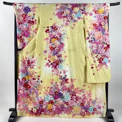 振袖 身丈168.5cm 裄丈69cm L 袷 草花 蝶 銀通し 箔 クリーム 正絹 名品 【中古】
