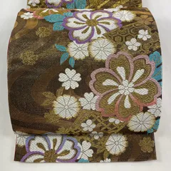 袋帯 秀品 草花 流水 刺繍 金糸 金色 六通 正絹 【中古】