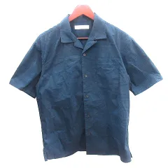 グリーンレーベルリラクシング ユナイテッドアローズ green label relaxing シャツ スキッパーカラー チェック 麻混 リネン混 半袖 M 青 ブルー /AU