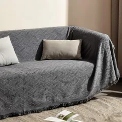 【特価商品】洗える 汚れ防止 キズ 四季通用 ほこり 保護カバー 1234人掛け おしゃれ グレー・T柄 フリンジ付き ソファーかばー 多機能 マルチカバー 130×180cm(1~2人掛け) 北欧風 ソファカバー 限定】クモリ(Kumori) 【