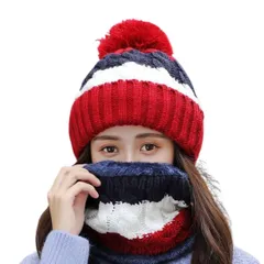 [DeerLuxe] ニット帽 ネックウォーマー セット レディース ボンボン付き 冬 防寒 ケーブル編み 裏ボア 暖かい スキー スノボ 通学 (B.レッド) [B.レッド] [Free Size]