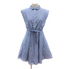 レイビームス Ray Beams ワンピース ひざ丈 ストライプ ウエストマーク ノースリーブ 0 青 ブルー 白 ホワイト /MS