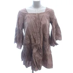 ジーナシス JEANASIS シャツワンピース ミニ ノーカラー スクエアネック フレアスリーブ 七分袖 F 茶 ブラウン /AU