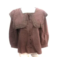 フラワー FLOWER シャツ ブラウス スクエアカラー リボン 刺繍 ドット レース 長袖 F 茶 ブラウン /AU