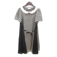 アナトリエ ANATELIER ワンピース ミニ ボーダー 半袖 パールビーズ 切替 38 M ベージュ 黒 ブラック /MN