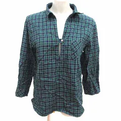 ヒューマンウーマン HUMAN WOMAN シャツ ブラウス スキッパーカラー チェック 長袖 麻混 リネン混 L 緑 グリーン 紺 ネイビー /YK