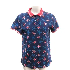 ランズエンド LANDS' END ポロシャツ 鹿の子 プリント 総柄 刺繍 ライン 半袖 L 紺 ネイビー /AU