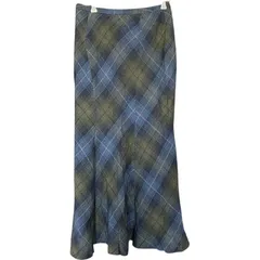 Z1623 SCAPA ロングスカート スキャパ フレア     L  イタリア 麻 レディース40 ネイビー 紺色 チェック 青系