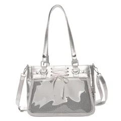 [ハルジオ] 痛バッグ 可愛い トート 痛バ ショルダー 推し活バッグ トートバッグ ショルダーバッグ 2WAY ハート 編み上げ 痛バック 高級 いたばっく いたば ミニ 小さめ 推し活 グッズ シート ぬいぐるみ 鞄 リボン 黒 白 銀色 人 [シルバー]