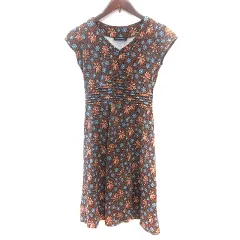 ローラアシュレイ LAURA ASHLEY ワンピース ひざ丈 Vネック 花柄 フレンチスリーブ 茶 ブラウン /AU