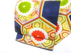 【一輝堂】袋帯 金駒刺繍 亀甲花 七宝 菊 正絹 25b11-2173