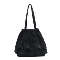 [ハルジオ] トートバッグ フリルバッグ フリル トート 肩掛け 巾着バッグ レディース ショルダー バック 巾着 白 ホワイト 黒 ブラック おしゃれ かわいい かばん トラベル 鞄 お洒落 可愛い トレンド 人気 (ブラック) [ブラック]
