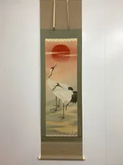 皐月鶴年 菩提樹佛法僧 花鳥図 水墨画 絹本 肉筆 まくり 和