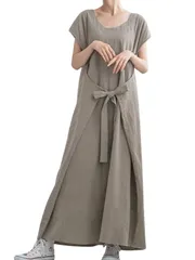 [レンロック] 夏ワンピース レディース ラウンドネック リボン ロングワンピース リゾートワンピ カジュアル 大人ナチュラル 無地 春 秋 体型カバー ゆったり 着痩せ (JP, アルファベット, M, モカベージュ) [モカベージュ] [M]