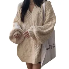 [AQUA Marine] カーディガン レディース ニット オーバーサイズ セーター 長袖 ケーブル編み ゆったり 体型カバー 厚手 あったか おしゃれ きれいめ 大人可愛い シンプル カジュアル 通勤 通学  [ホワイト] [Free Size] [標準]