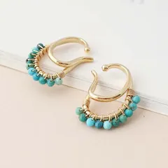 【12月誕生石】 極小 ターコイズ ラウンドカット＆ダブルフープデザイン イヤーカフ 両耳 ゴールド
