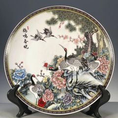 九谷焼 玉竜窯大皿 飾り皿 吉祥柄 縁起物(夫婦鶴 松竹梅 青海波