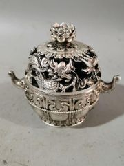 銅 細工 透かし彫り二龍戯珠祥雲盤竜薫る香炉 香道具 装飾品 工芸品