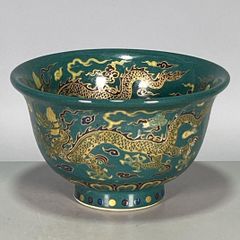 明治期 銅製 七宝焼 金彩色絵『龍戯珠文』茶碗 2点セット 観賞用 