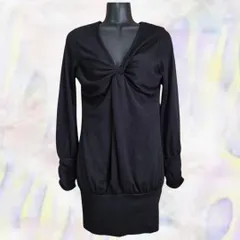 FLOWERCIRCLE　フラワーサークル　ワンピース　ブラック　レディース　チュニック　Vネック　長袖　ねじりデザイン　ギャザー