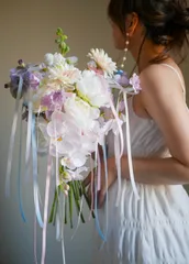 ウェディングフラワー　胡蝶蘭　韓国ブーケ　ウェディングブーケ　アーティフィシャル　リボン　パステル　♡ブートニア付き♡ ♡送料無料♡