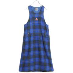 【美品】ピンクハウス★くま刺繍♪ジャンパースカート ブルー系 チェック柄♪厚手ウール z16358