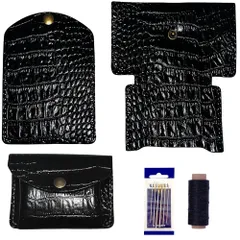 カードケース レザークラフト キット おためし入門 牛本革 カット 穴あけ 済み 針 糸 付属 SW2471(クロコ型押し)ブラック