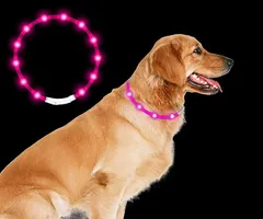 Sazuik 最新型 犬用光る首輪 散歩 ライト usb充電式 装着簡単 柔らかい 軽量 サイズ調整可能 ペット 猫 LED光る首輪 安全対策 視認性 3つの発光モード (ピンク)
