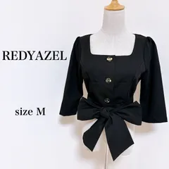【美品】 REDYAZEL レディアゼル ジャケット 七分袖 ショート丈 スクエアネック リボン ブラック M レディース 古着 匿名配送 送料無料 【15-460】
