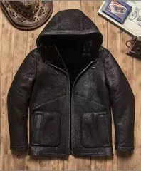 新品未使用 h 🏷 復古ビジネス風 メンズ 羊毛一体ジャケット フード付き 保温 中長丈 高級メリノ原皮 本革レザー コート 厚さ1.0MM 羊毛1.5MM 秋冬アウター 真皮皮衣 カジュアル ビジネス兼用