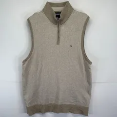 古着 トミーヒルフィガー TOMMY HILFIGER ニットベスト 大きいサイズ ワンポイントロゴ ヘリンボーン ハーフジップ 2XL  ベージュ系 メンズ