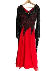 Z1600【美品】prima boutique プリマブティック　レース　花柄　長袖　フレアスカート　ワンピース　社交ダンス　レッド×ブラック　レディース　サイズ不明
