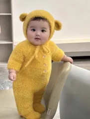 【2025年最新版】もこもこクマ 新生児ロンパース／帽子付き。イエロー色ku1