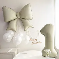 Bigリボン型バルーン＆パール付きリボン＆バナー＆ナンバー＆ゴム風船７個（予備付き）数字０～９