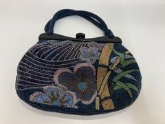☆大正ロマン-昭和レトロ 和装「蒼い華花」ガマ口ビーズバッグ 極美品