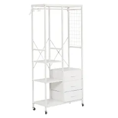 ハンガーラック 引き出し付きスリム 幅80cm 奥行35cm タンス付き ワードローブ 衣装棚 押し入れ 収納ラック 大容量 頑丈「ホワイト」 軽量