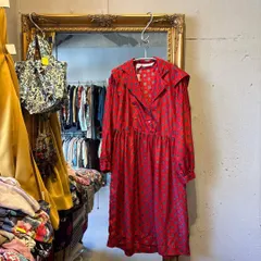 @ レトロ 総柄 花柄 ワンピース シャツ ロング 赤　RED　レッド　朱色　サテン　dress　ドレス　お呼ばれ　デート　オフィスカジュアル　食事会　可愛い　お出かけ　上品