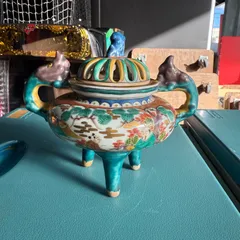 時代 九谷 庄三 金彩色絵 花唐人文 茶器揃 箱付き 時代 九谷