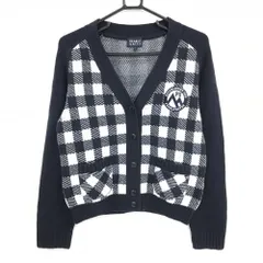 【美品】パーリーゲイツ ニットカーディガン ネイビー×白 身頃チェック ウール混 レディース 1(M) ゴルフウェア PEARLY GATES