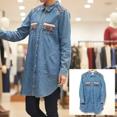 特徴的な柄◎【TITICACA】チチカカ デニム シャツ 長袖 チュニック ワンピース ミニ丈 刺繍 オルテガ ネパール ネイティブ カジュアル アメカジ コットン 100% 重ね着トップス ブルー レディース サイズFREE /M38001ja