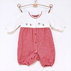 ME1-789☆familiarファミリア ロンパース 白赤 チェック柄 切り替えデザイン 50-60サイズ 日本製 ベビー ベビー服 可愛い◎