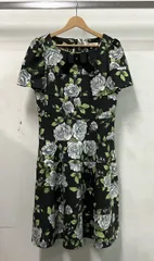 SUPER BEAUTY スーパービューティ 半袖ワンピース サイズ42 ブラック 花柄 総柄 リボン ビジュー ポリエステル ポリウレタン