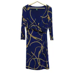 ラルフローレン ワンピース サイズ8 M レディース美品  - ネイビー×ダークイエロー Vネック/長袖/ひざ丈/LAUREN/DRESS/チェーン柄
