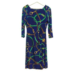 RalphLauren(ラルフローレン) ワンピース サイズ8 M レディース - ネイビー×グリーン×ダークブラウン クルーネック/長袖/ひざ丈/LAUREN