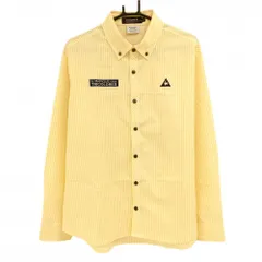 【美品】ルコックゴルフ 長袖シャツ ライトオレンジ×白 ストライプ ロゴ刺しゅう ボタンダウン メンズ LL ゴルフウェア le coq sportif