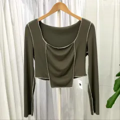 SHEIN オーバ Laoke スリット クロップド丈 長袖 ストレッチTシャツ 14460